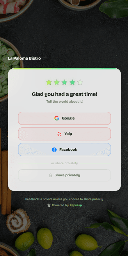 RepuTap page after a 4-star rating with Google, Yelp and Facebook buttons and a 'Share privately' option