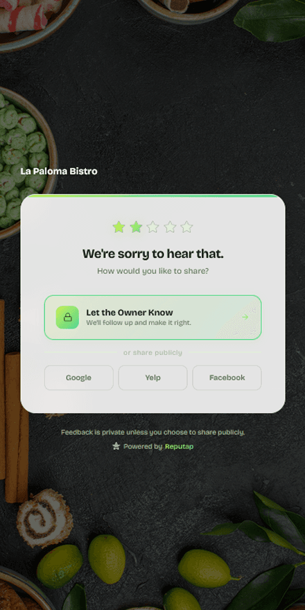 RepuTap page after a 2-star rating, offering 'Let the Owner Know' alongside Google, Yelp and Facebook buttons