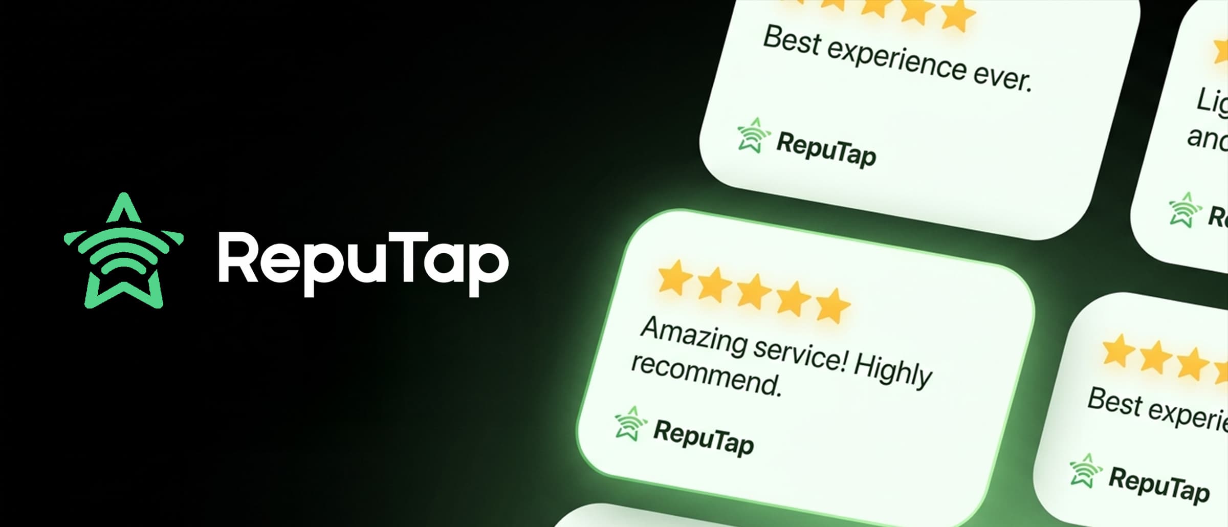 Five-star customer review cards reading Amazing service and Best experience ever, next to the RepuTap logo
