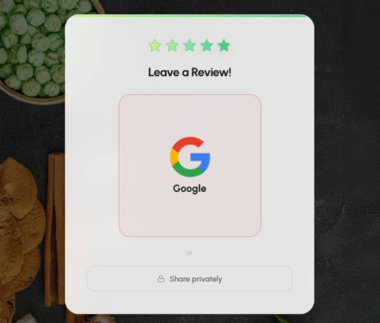 A RepuTap page after a 5-star rating showing a large Google review button